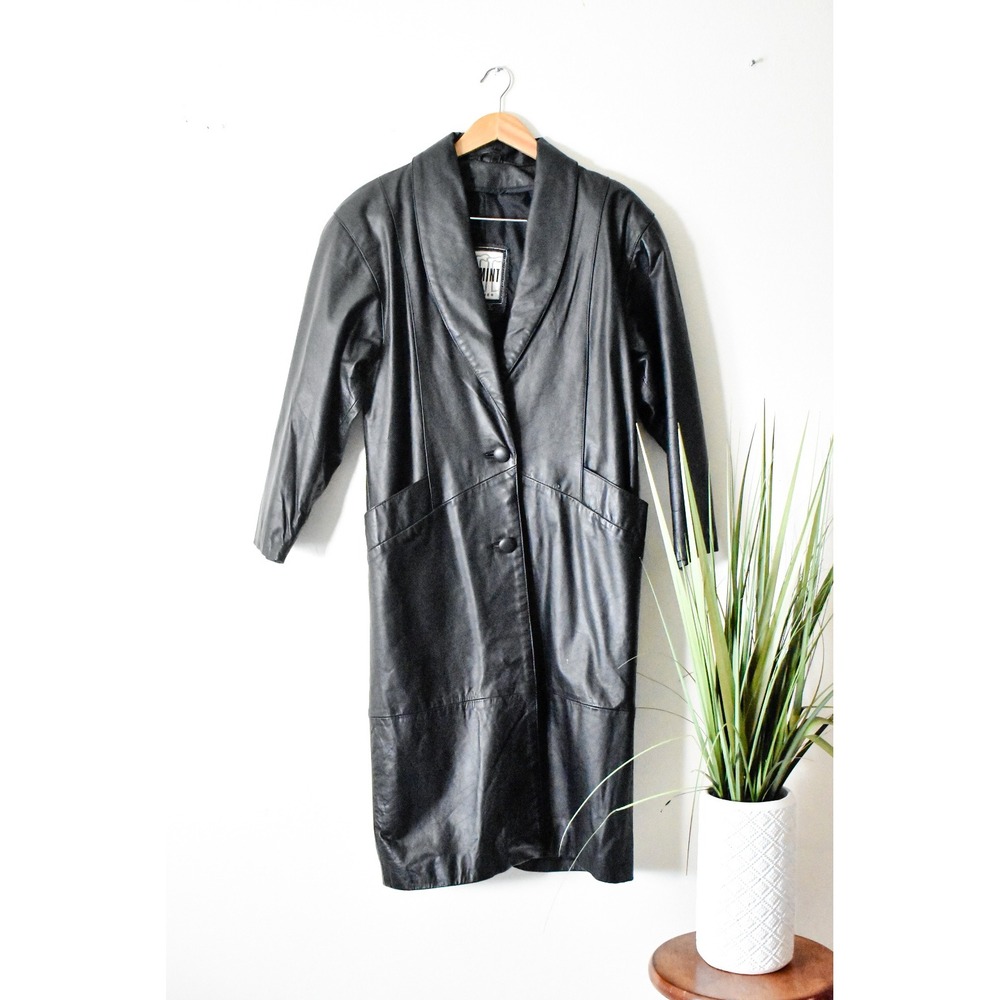 Comint Leather Trench Coat Womens Petite M Black 80s Shawl Collar Long Jacket